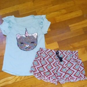 girl large sequin cat tee and multicolor print shorts
